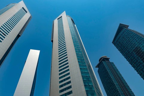 Doha, Qatar. September 20th 2019 Modern glass fronted skyscrapers and office towers line the Doha