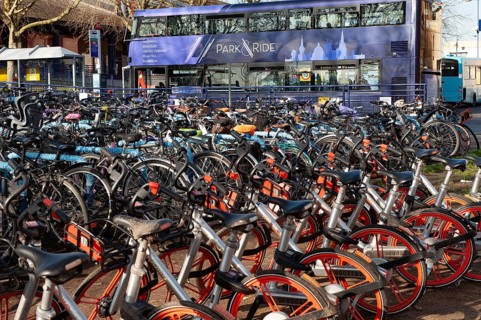 Oxford, England, UK. February 6th 2020 Bicycles parked outside the Park and Ride bus stop at Oxford
