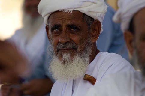 Nizwa, Oman. May 30th 2014 Portrait of an old Omani farmer at the Friday livestock market, Nizwa,
