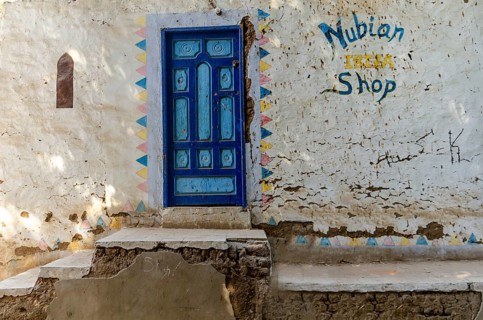 Aswan, Egypt. 8th January 2013 A bright blue painted door to local Nubian Shop, Elephantine Island