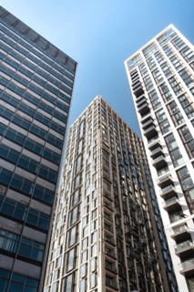 Dynamic high rise glass fronted British architecture, a business district on the south bank of the