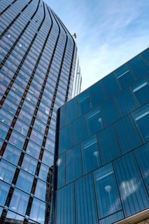 Dynamic high rise glass fronted British architecture, a business district on the south bank of the