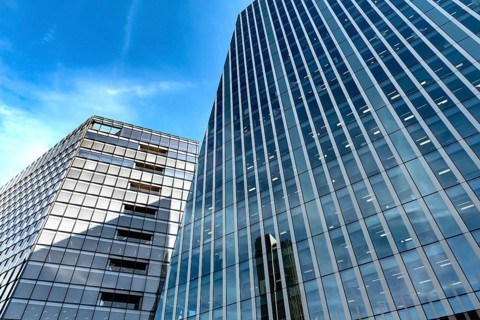 Dynamic high rise glass fronted British architecture, a business district on the south bank of the