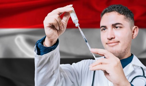 Doctor holding syringe on Yemen flag background. Medical professional holding syringe with Yemeni