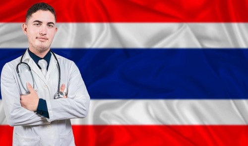 Portrait of medical professional on Thailand flag background. Thai national health system