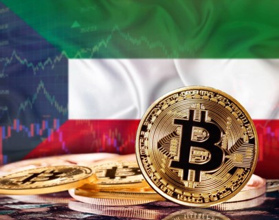 Bitcoin with Kuwait flag in the background. Investors in cryptocurrency and Blockchain Technology