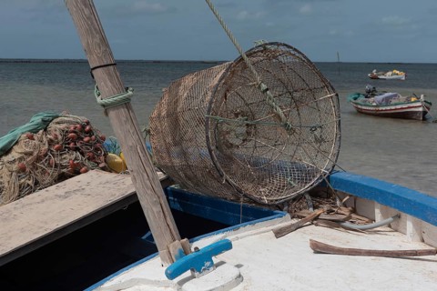 Fishing nets on a boat moored in the Kerkennah Archipeligo in the Gulf of Gabes in the