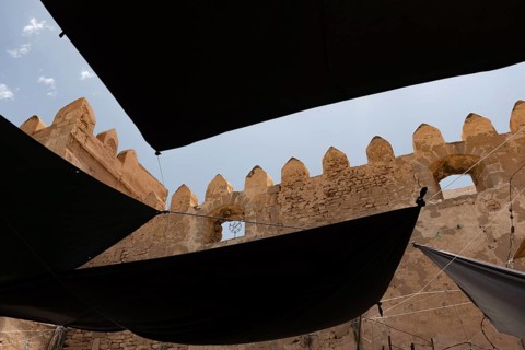 Detail of the ancient city walls of the medieval Medina of Sfax on the Mediterranean coast of