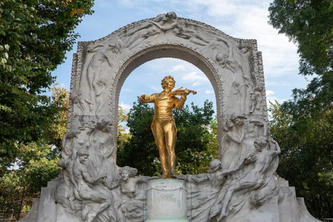 Vienna, Austria. October 5th 2023 The golden statue of Johann Strauss Jr in the Stadtpark, part of