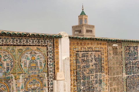 Scenic view of the minaret of Al-Zaytuna Mosque in the Medina, the oldest mosque in the Tunisian