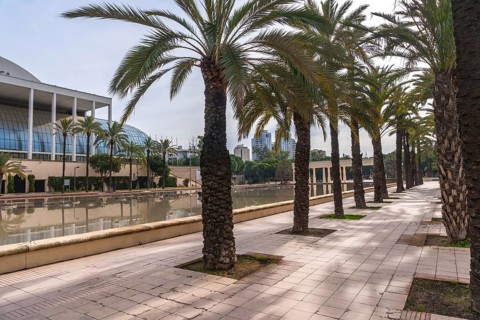 Palau de la musica building and modern architecture reflecting in the water, with a row of tall