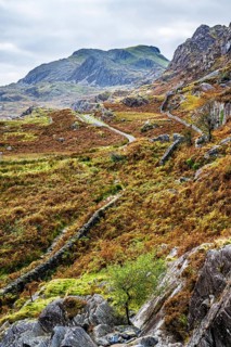 Autumn colors over Mountains and Llyn Cwmorthin Lake, Cwmorthin Terrace, North Wales, UK