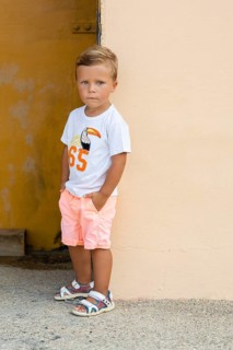 A young boy stands thoughtfully against a pastel wall, wearing a white toucan t-shirt, pastel