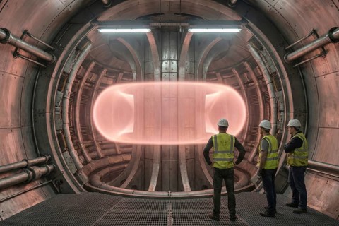 Visualisation of plasma inside a fusion reactor (tokamak) with male employees in the foreground, AI