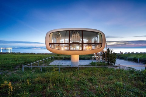 Former rescue station on the beach at dawn, now used as a wedding chapel by the registry office,