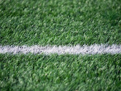 Detailed shot of a soccer field, highlighting the contrast between the vibrant green grass and a