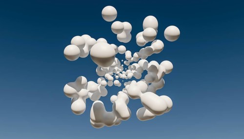 This 3D render depicts multiple abstract white shapes floating against a vivid blue sky. The shapes