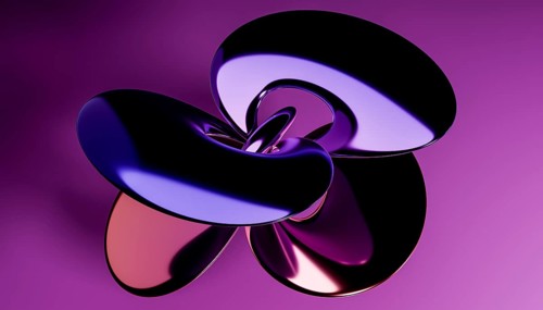 This image showcases a captivating 3D render of intertwining metallic shapes set against a gradient