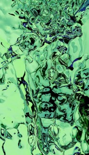 This striking abstract image features a dynamic pattern of liquid 3D elements in green and blue,