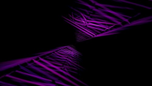 This digital artwork features a 3D rendered illustration of an abstract, geometric tunnel in shades