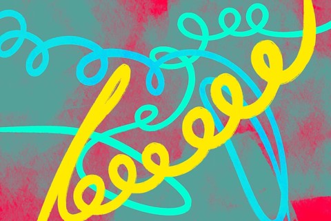 Vibrant abstract background featuring swirling loops in shades of blue and yellow against a