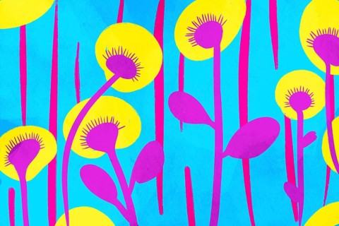 This lively illustration depicts abstract flowers with bright yellow and purple hues on a vivid