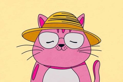 Delightful illustration of a pink cat wearing a straw hat and glasses The whimsical design features