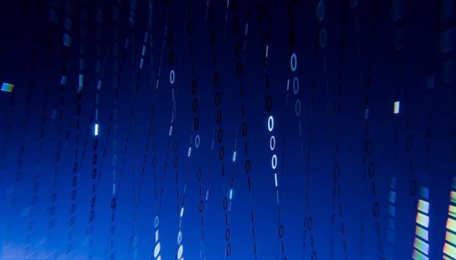 A 3D rendered illustration of binary code floating across a gradient blue background. The numbers