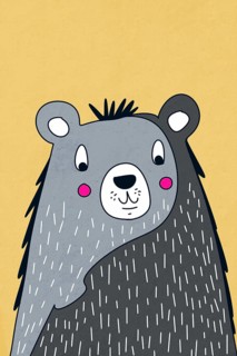 Charming cartoon illustration of a gray bear with pink blush cheeks, standing against a pastel