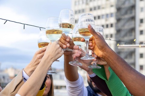 A vibrant group of friends raise their glasses in a rooftop toast, celebrating with joy and