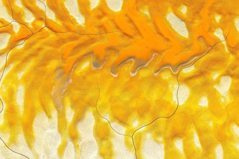 Vivid golden mud flows on a cracked, textured surface, creating an abstract and visually striking
