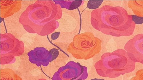 Colorful roses bloom in shades of pink, purple, and orange, creating a lively illustration. The
