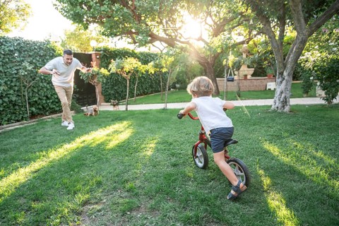 A cheerful scene of a father playing with his young son learning to ride a bicycle in a sunlit