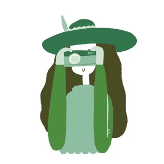 A simple, stylized illustration of a woman wearing a green hat and dress, holding a vintage camera