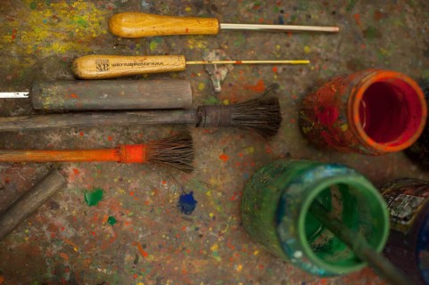 Istanbul, Turkey. May 20th 2017 Paint, brushes and tools in Turkish Ebru studio