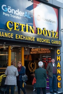 Istanbul, Turkey. November 30th 2019 Money transfer and exchange office along Istiklal street, near