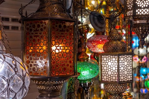 Colorful traditional Middle Eastern lamps for sale in an Istanbul Bazaar, Turkey