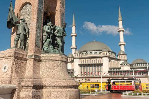 Istanbul, Turkey. July 18th 2023 Taksim Square, Mosque, Republic Monument, and Nostalgic Istiklal