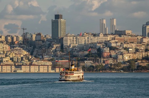 Istanbul, Turkey. August 19th 2014 A ferry crosses the Bosphorus towards Besiktas on the European