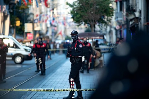 Istanbul, Turkey. 13th November 2022 Armed Turkish motorcycle police cordon off Istiklal Street