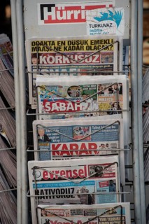 Istanbul, Turkey. November 28th 2020 Turkish newspapers for sale at a vendors stall in Istanbul