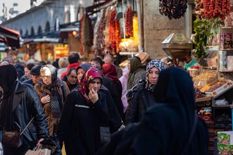 Istanbul, Turkey. November 21st 2023 A crowded bazaar with Turkish women shopping in a local