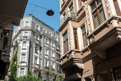 Istanbul, Turkey. August 3rd 2021 Restored European style apartment buildings and architecture in
