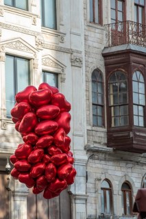 Istanbul, Turkey. November 29th 2020 Red heart shaped Valentines balloons hanging for sale in the