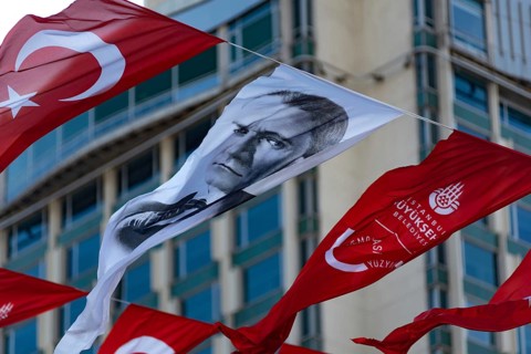 Istanbul, Turkey. November 22nd 2023 Banner with a portrait of Mustafa Kemal Ataturk, on the 100th