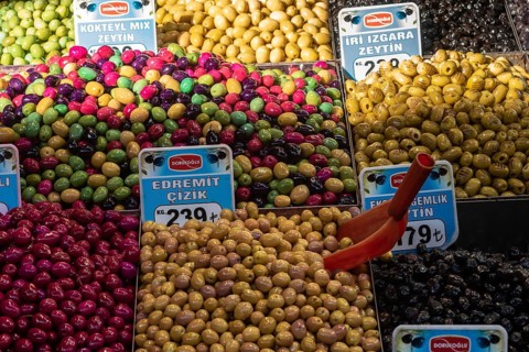 Istanbul, Turkey. November 21st 2023 Brightly coloured local Turkish olives displayed for sale in
