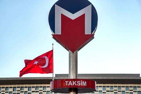 Istanbul, Turkey. November 22nd 2023 Red, White and Blue Sign for Taksim Metro with the Turkish