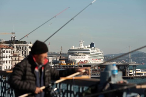Istanbul, Turkey. November 14th 2023 A huge cruise ship carrying tourists moored in Karakoy, at the