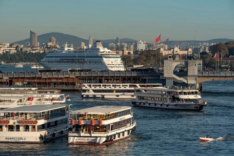 Istanbul, Turkey. November 14th 2023 A cruise liner carrying tourists moored at the entrance to the
