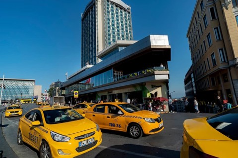 Istanbul, Turkey. June 13th 2022 Turkish taxi service in Taksim square at the beginning of Istiklal